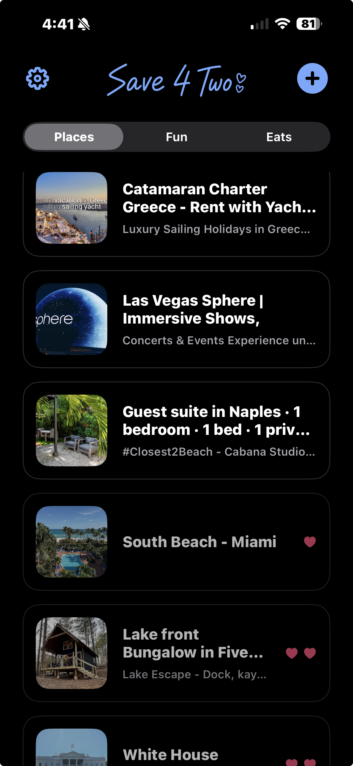 Save4Two app showing a shared Places list